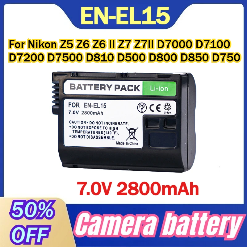 7.0V 2800mAh EN-EL15 카메라 배터리 (니콘 Z5, Z6, Z6 II, Z7, Z7II, D7000, D7100, D7200, D7500, D810, D500, D800, D850, D750 용)