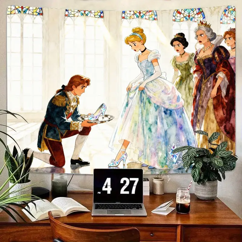 

1PC Cinderella Prince Charming Glass Slipper Tapestry, Watercolor Fantasy Wall Art, Princess Room Decor Gift for Girls