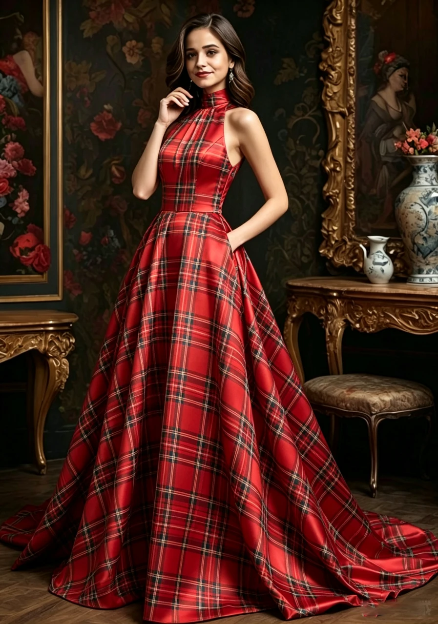 

Plaid Print Maxi Gown Halter Sleeveless A-Line Formal Evening Dress Elegant Wedding Guest Prom Party Long Dress for Women