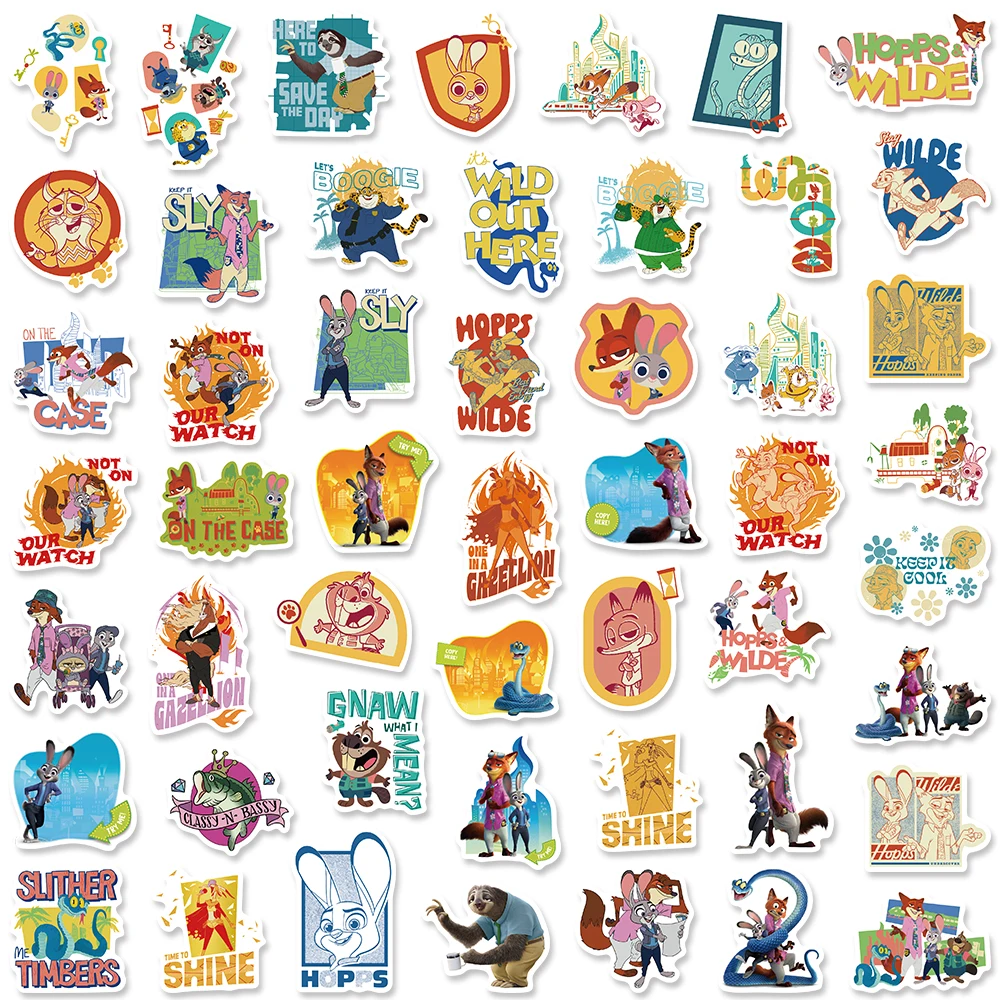 Disney 50 pièces Zootopia 2 renard lapin Judy Nick dessin animé film autocollants téléphone réfrigérateur bouteille ordinateur portable voiture décalcomanies enfants école cadeau