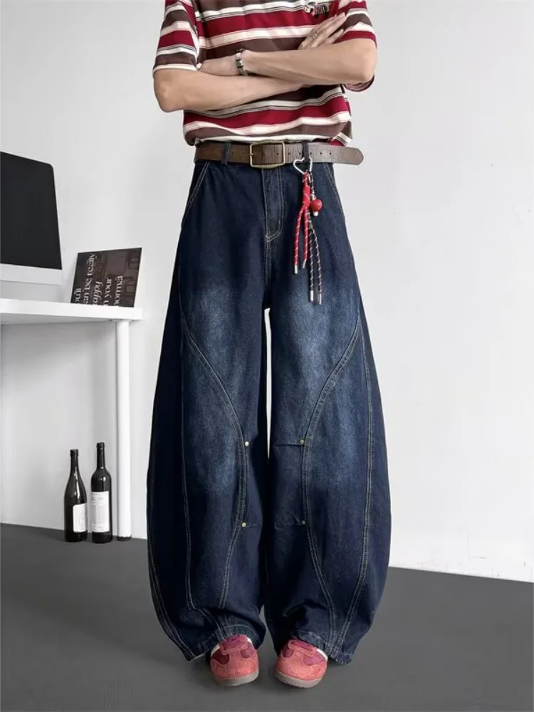 

2025 Japanese Y2K Style Rivet Patchwork Dark Blue Baggy New Jeans Pants For Men Clothing Wide Leg Denim Trousers Pantalon Hombre