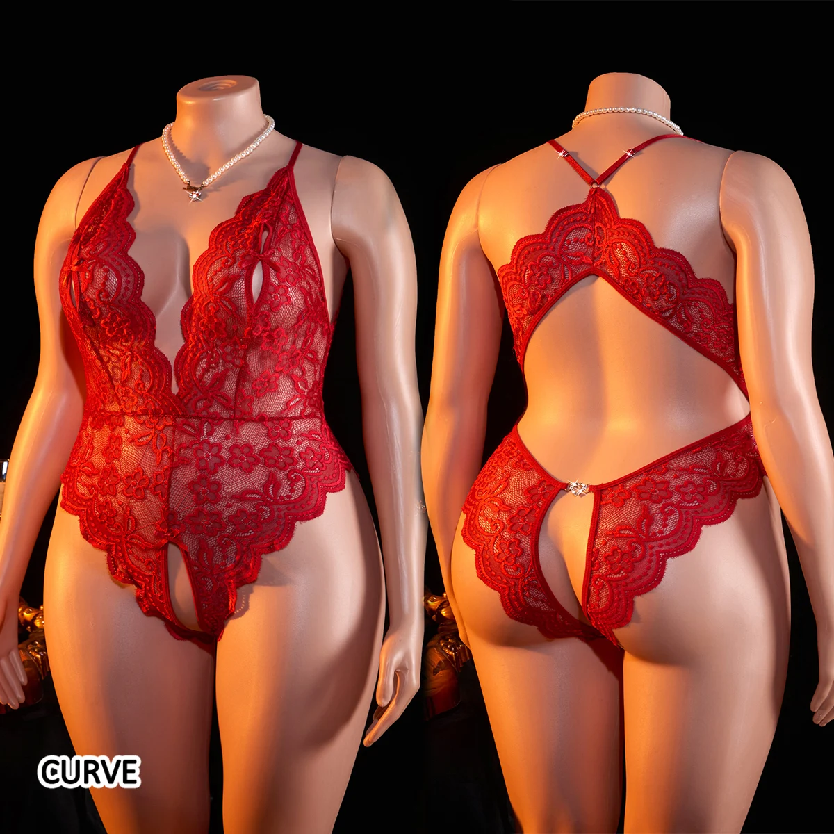 Sexy Red Crotchless Lingerie Women Lace Hollow Bra Set Transparent Erotic Costumes Deep V Open Bra Woman Plus Size Underwear Set image 6