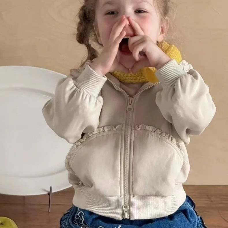 

Korean Version of Lace Hooded Filet Jacket Female Treasure Spring and Autumn Girl Baby Children's Top Coat Shirt