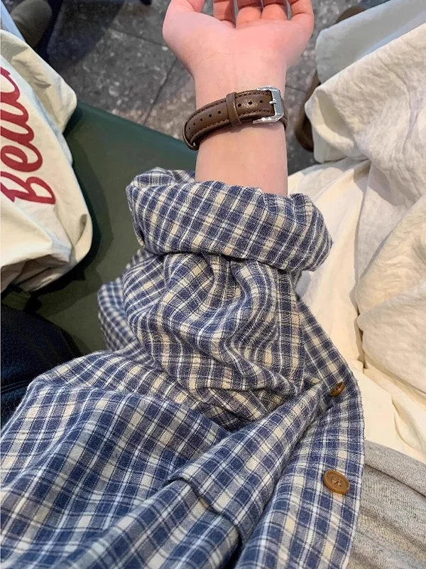 ブルーチェック柄長袖シャツジャケット女性ルーズ冬薄い日焼け止めブラウストップフレンチスタイルポロ襟ボタン留め