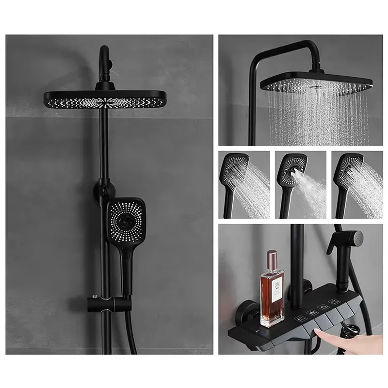 Cheap Gray Hot Cold Wall Mounted Bathroom Shower Faucet Rain Rainfall Bathtub Mixer Piano Black Square Shower System Set view 4