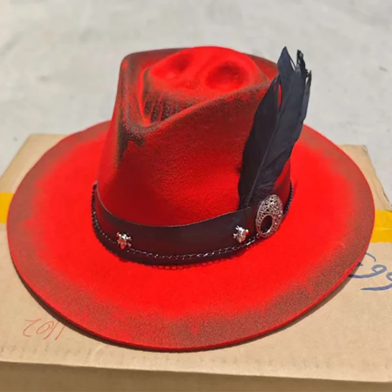 

High Quality Retro Dye Halloween Unisex Vintage Distressed Gentleman Hat Pure Wool Fashion Red Skull Western Cowboy Cowgirl Hats