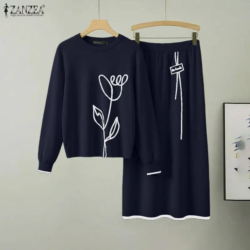 

ZANZEA Весенние модные комплекты с принтом: женские длинные платья и топы с длинными рукавами, юбки с эластичной талией, элегантные комплекты из 2 предметов, осень 2026