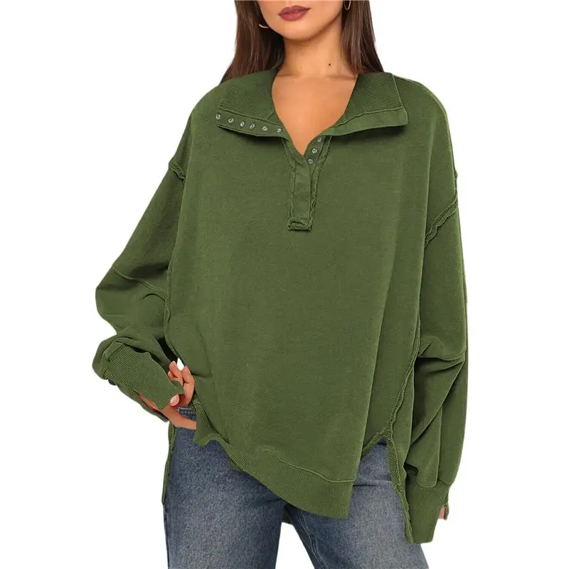 

CYL-женская толстовка большого размера на пуговицах с боковым разрезом, высокий низкий свитшот с длинными рукавами и обратным швом, пуловер-туника, топы