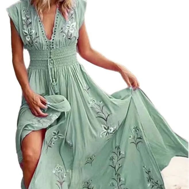 2025 Summer n Print V-ne Beach Dr Women's Sweet Sle Regular Sve Long Skirt Boho Chic Cross-Border New Arrival