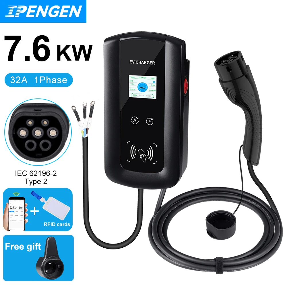 IPENGEN EV Charger 32A 7.6KW Electric Vehicle Car Charger EVSE Wallbox Wallmount Type2 Cable IEC62196-2 Socket APP Control