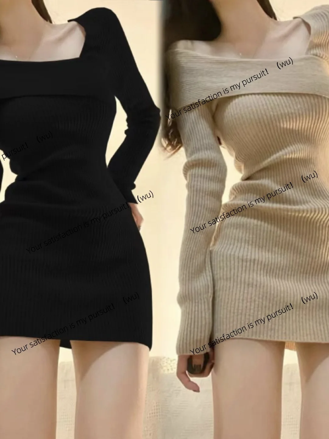 เสื้อสเวตเตอร์ไหมพรมแขนยาวทรงเข้ารูป คอเฉียง ดีไซน์กระโปรงสั้น สไตล์สาวเปรี้ยว สำหรับฤดูใบไม้ผลิและฤดูใบไม้ร่วง