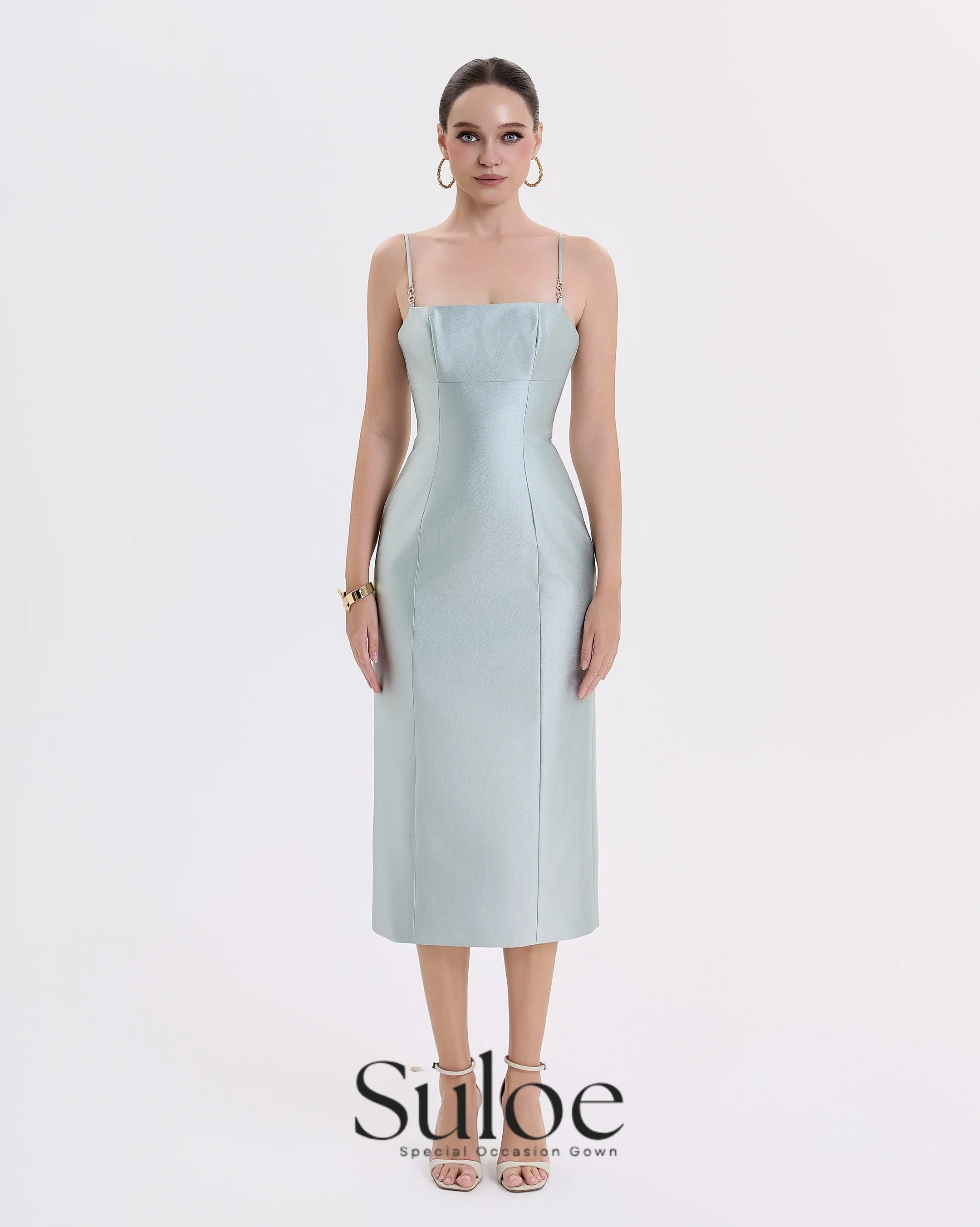 Suloe Spaghetti Strap Satin Midi Cocktail Dress Back Split Formal Party Gown With Detachable Matching Cape Customized