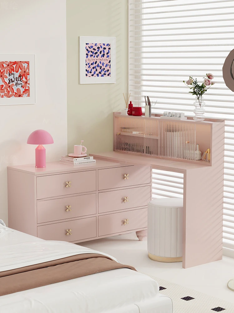 خزانة دلو لطاولة الزينة باللون الوردي من ساكورا، طاولة مكياج مدمجة مثبتة على زاوية، طاولة زينة بذيل سرير الدوبامين