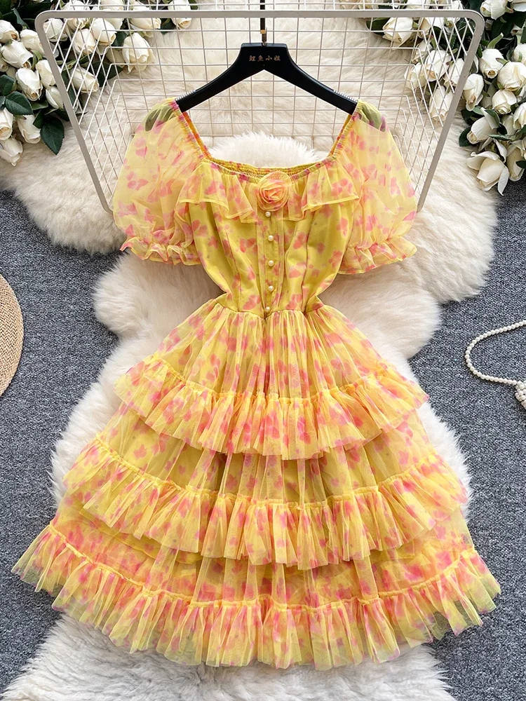 

Summer Women's One-piece Neck Bubble Sleeve Mini Dress New Fashionable Sweet Birthday Party Mesh Cake Short Dress L02