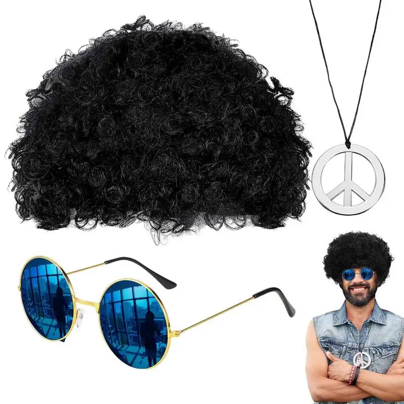 Mens Hippie Wig Set Hippie Hair Accessories For Men Afro Wig Sunglasses Necklace For 50/60/70s Theme Party Halloween Costumes