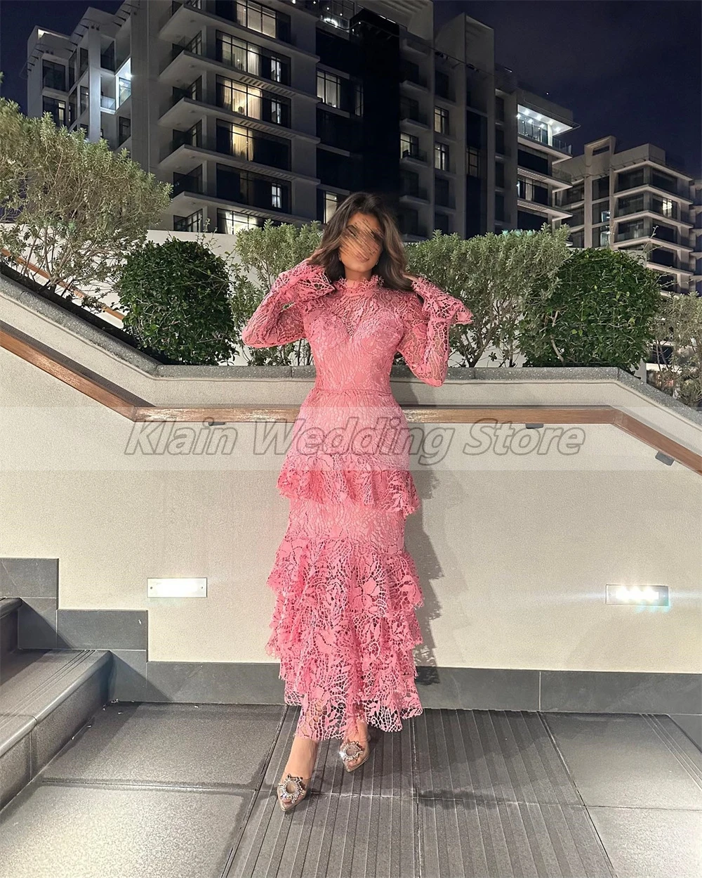 Customized High Long Sleeve Ruffles Illusion Lace Evening Party Dresses Fro Women A-line Tiered Vintage Prom Gown فساتين السهرة