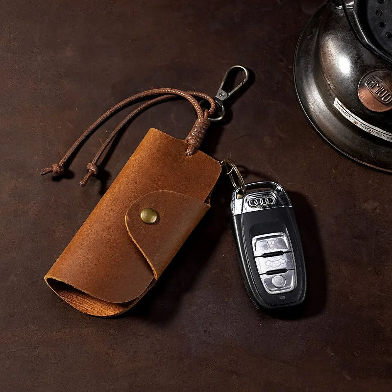 Vintage Full Grain Leather Key Case, Unisex Car Key Holder with Lock Protector, Retro Leather Key Organizer for Men & Women