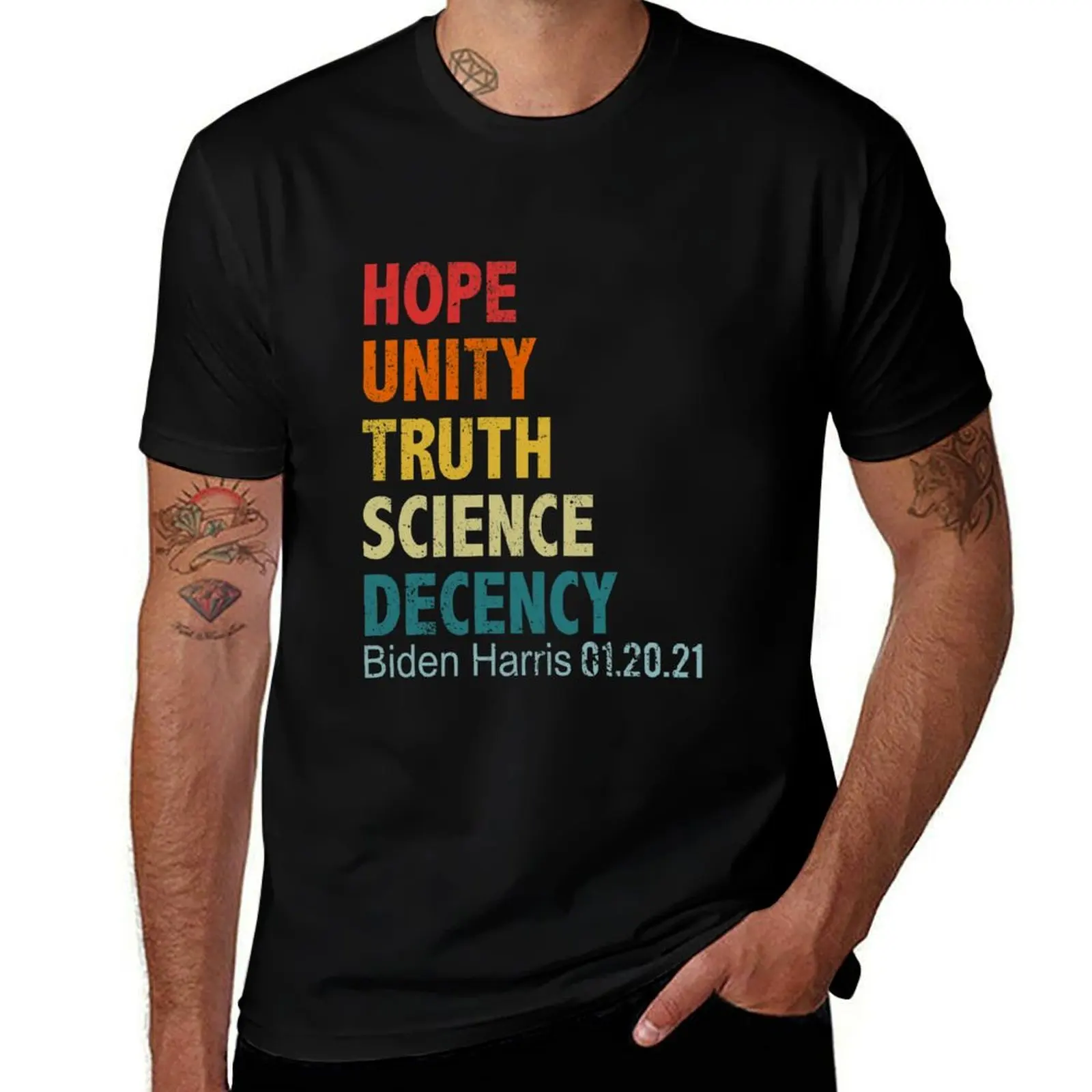 T-shirt Biden Harris Hope Unity Truth Science Decency - Jour de l'inauguration 2021, t-shirt confortable en tissu extensible