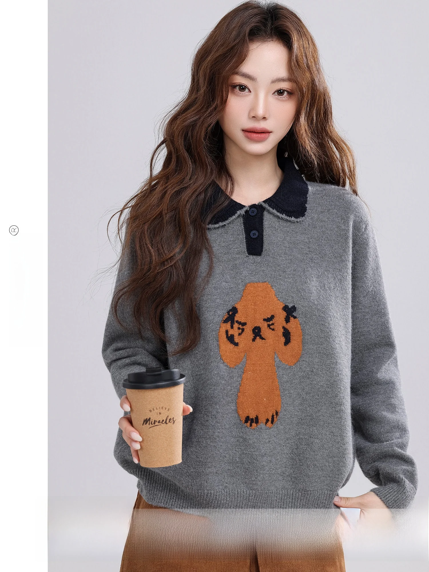 

Вязаный свитер с воротником-стойкой, новый зимний дизайн, с вышивкой мультяшной собачки, женский свободный крой, длинный рукав, повседневный топ