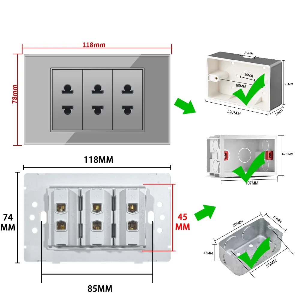 DELEFU-Tomada de Parede com Interruptor de Luz, Vidro Temperado Cinza, USB Tipo C, Tomada Padrão dos EUA, Plugue América do México, Carregamento Rápido, 118x72