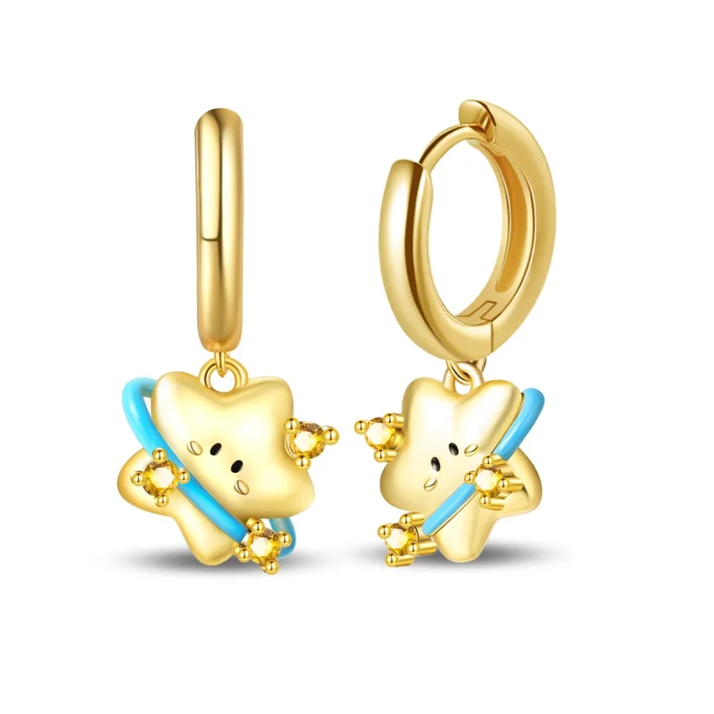 Pendientes de aro de Plata de Ley 925 con forma de estrella dorada para mujer, regalos de joyería de boda de aniversario fino