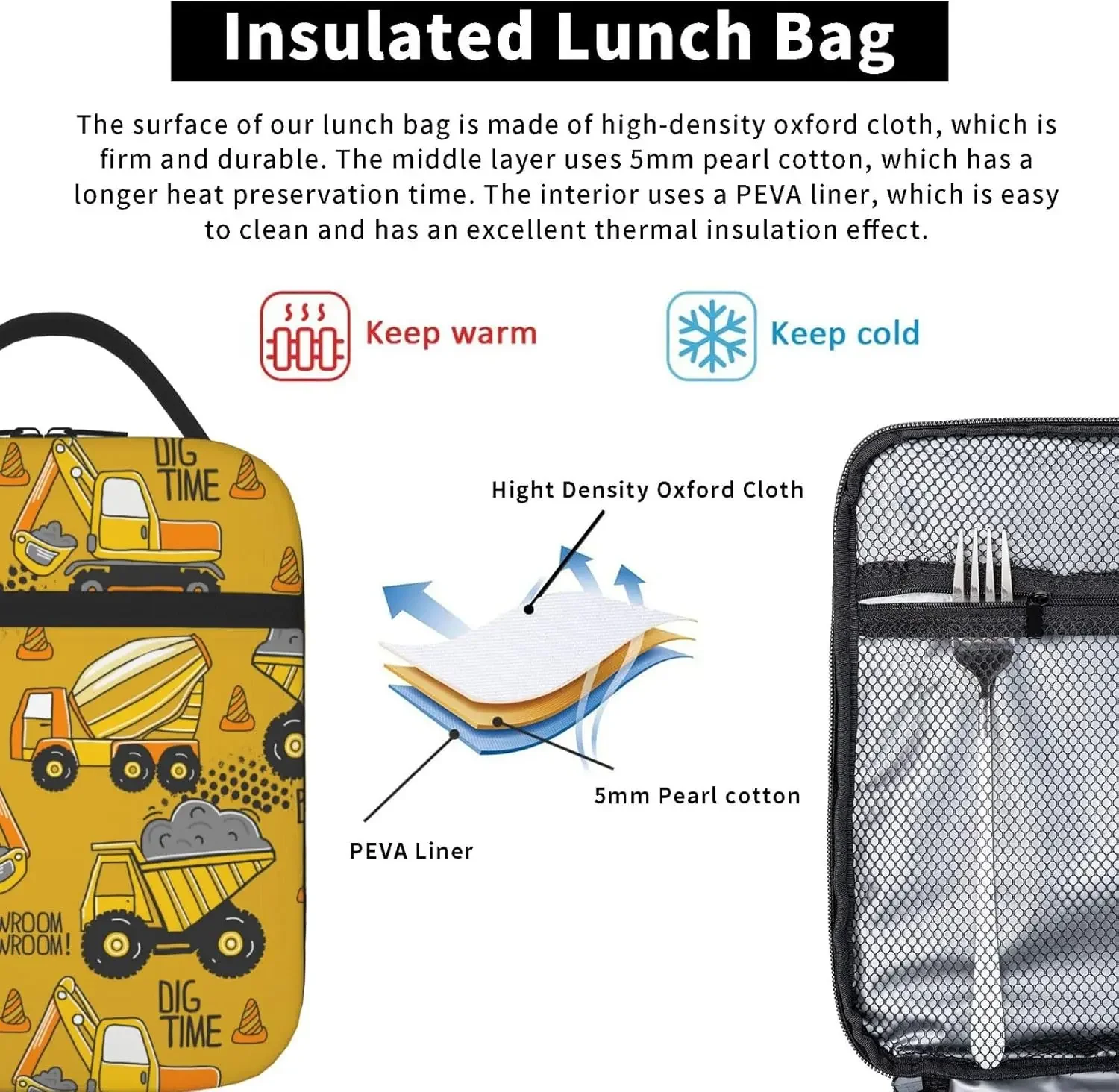 Yellow Truck Lunch Bag  for Girls Boys,Bento Lunch Box Cooler Bag with Front Pocket for Women Men Work/Office/School/Picnic image 4