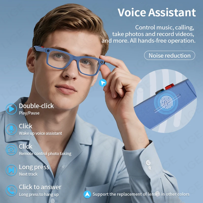LIGE 1080P Smart Glasses 500W HD Camera AI Recognition WiFi Bluetooth Dual Mic Noise Cancel for Cycling Sports Outdoor Men Women - view 4