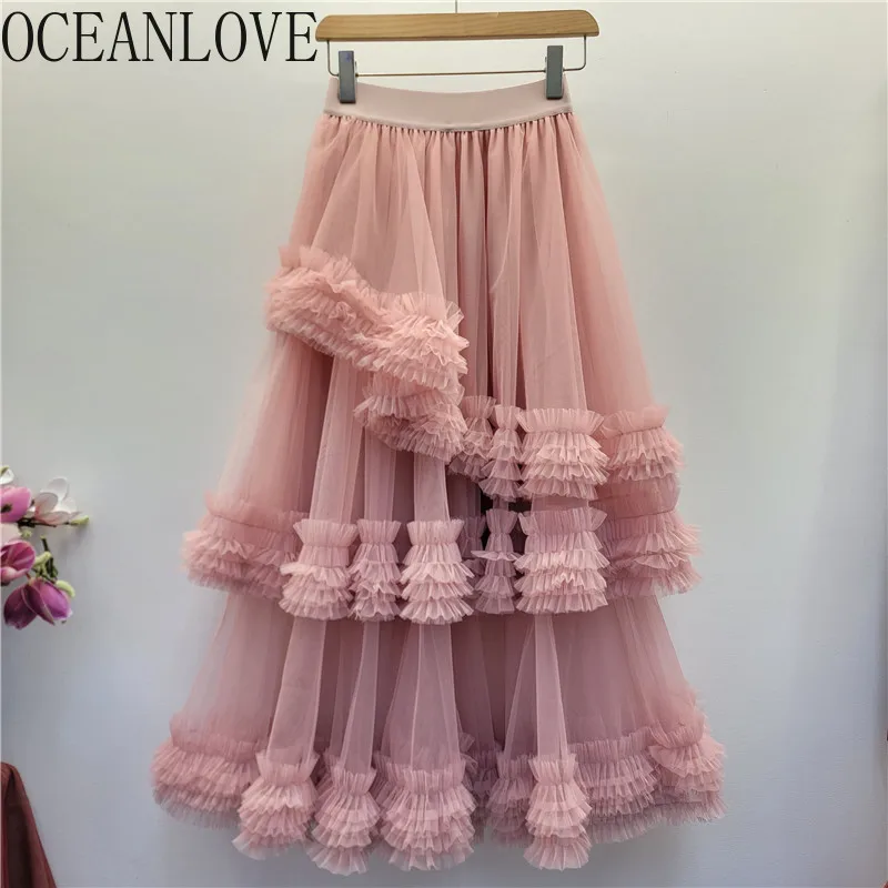 

OCEANLOVE Mesh Skirts Women Irregular Ruffles Solid Autumn Winter Long Skirt Korean Fashion Vintage Elegant Ropa De Mujer
