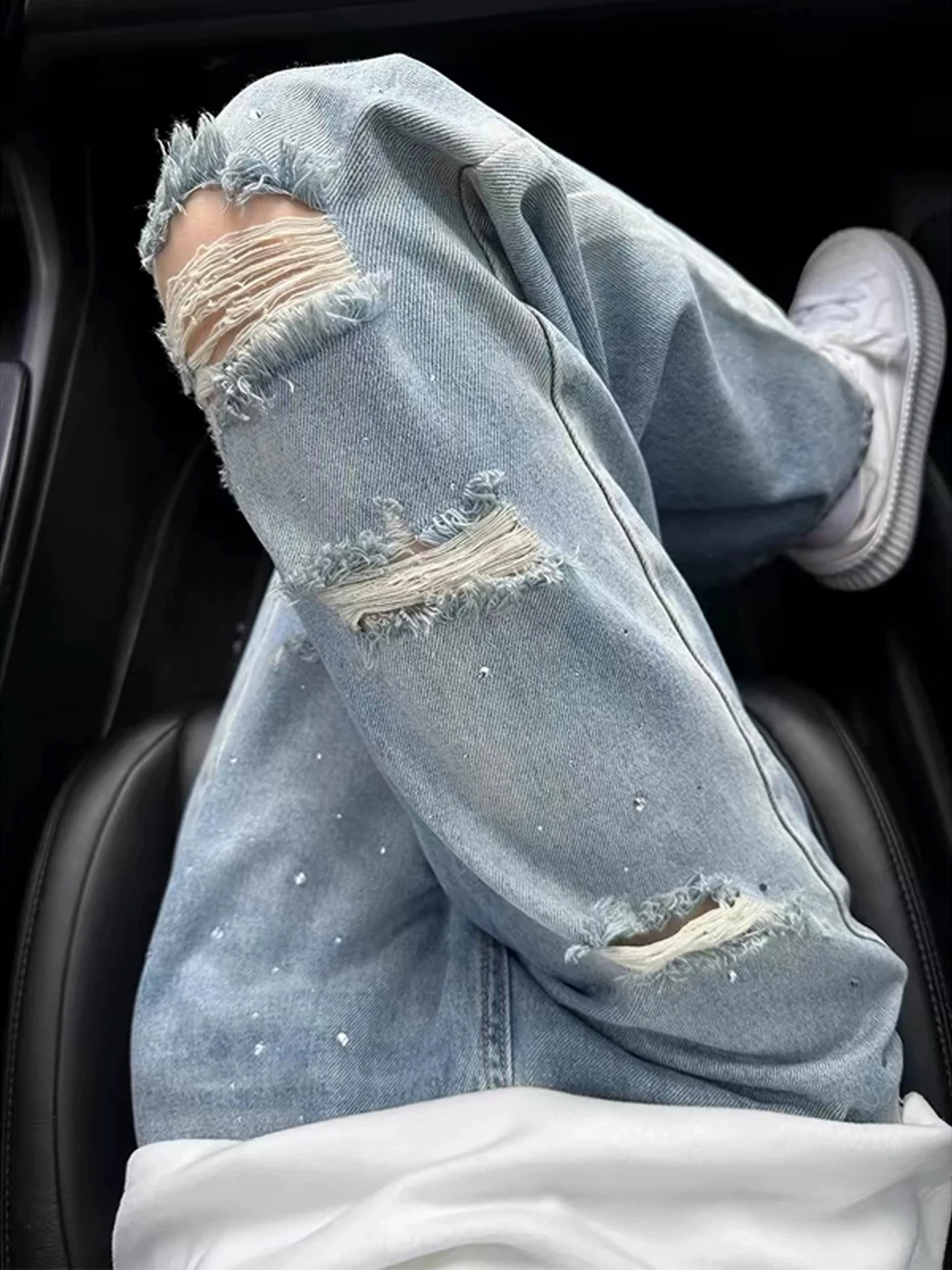 

Ripped Washed Denim Jeans Men's Summer Loose Straight American Retro Beggar's Micro Flared Pants Torn Casual Teenager Jeans