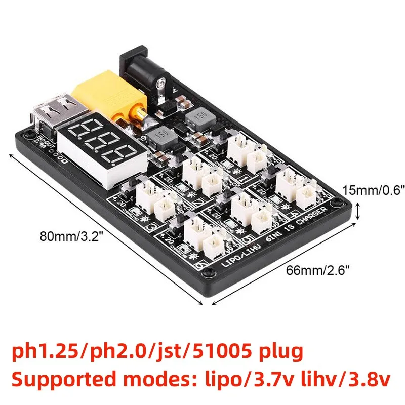 6IN1-1S Lipo LiHV xt60 12V3A battery 6-channel charger suitable for Ph1.25/2.0/JST/51005 plug