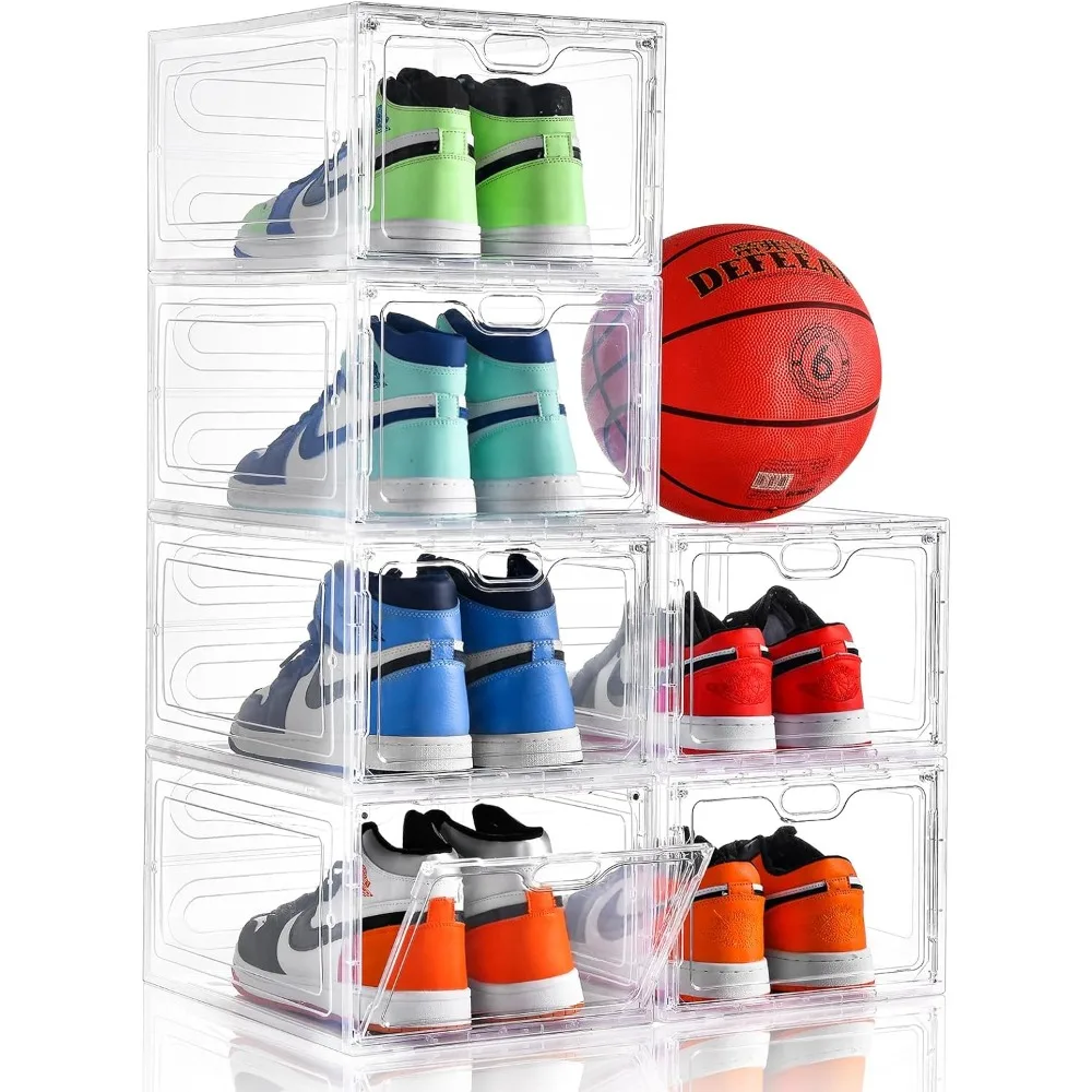 

6 Pack Shoe Storage Box Clear Plastic Stackable, Shoe Box with Magnetic Door, Organizer and Shoe Containers for Sneaker Sto