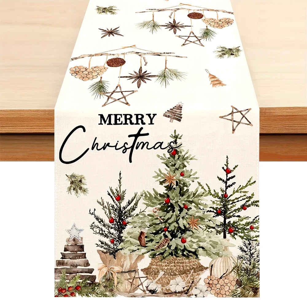 Christmas Tree Holly Berry Linen Table Runner Party Decor Winter Pine Needles Kitchen Dining Table Runners Christmas Decorations