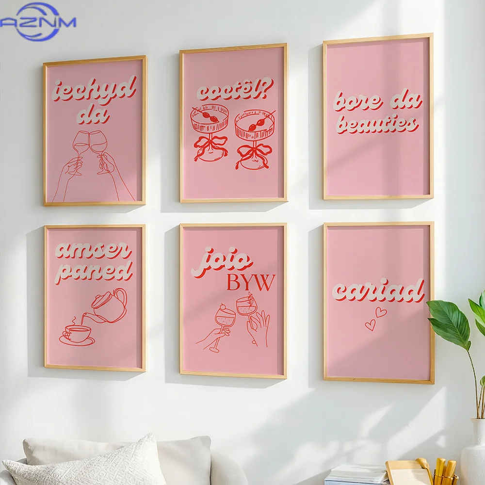 Set of 6 Pink Welsh Quote Wall Art Set Canvas Cute Motivational Prints Aesthetic Minimalist Home Decor for Bedroom Living Room