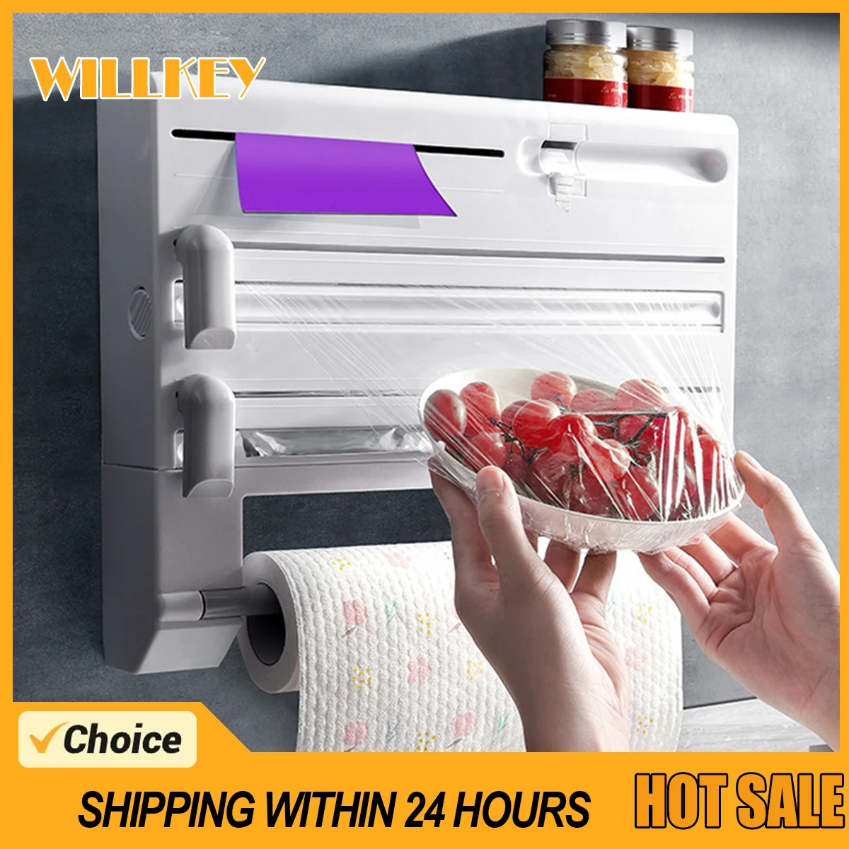 

Multi-function Kitchen Storage Shelf Wrap Triple Roll Paper Dispenser Tin Film Towel Holde Plastic Belt Cutter Wrap Film Cutter