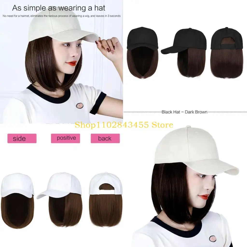 49MC Baseball Cap Hair Wig Baseball Cap With Hair Extensions For Women Baseball Wig Hat Straight Short Bob Wig Hats With Hair