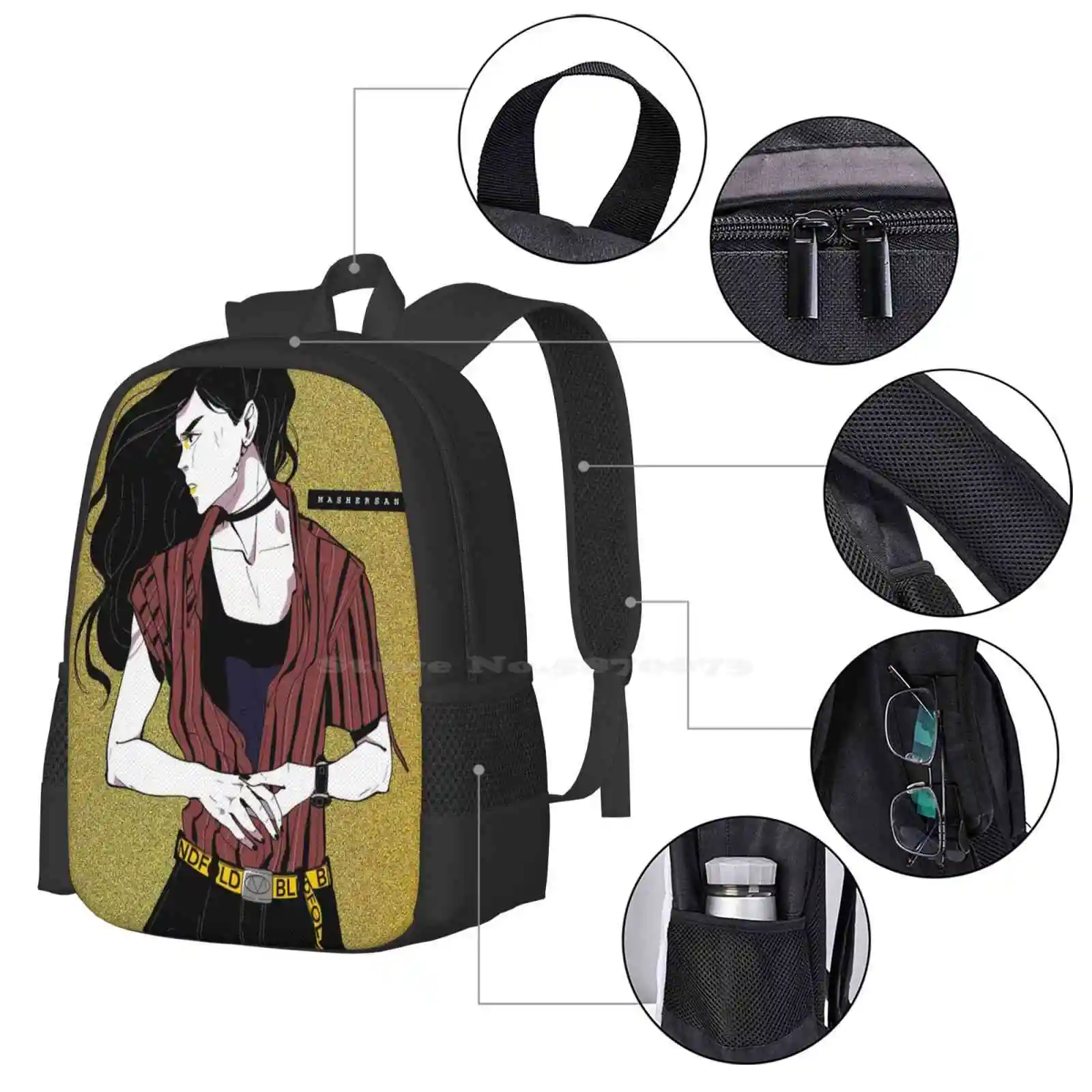 Mochila con los ojos vendados Mitsu para hombres, mujeres y niñas, bolsa de fondo dorado de Mashersan, adolescentes, Mitsu, Mashersan, Manga, cómics de Anime