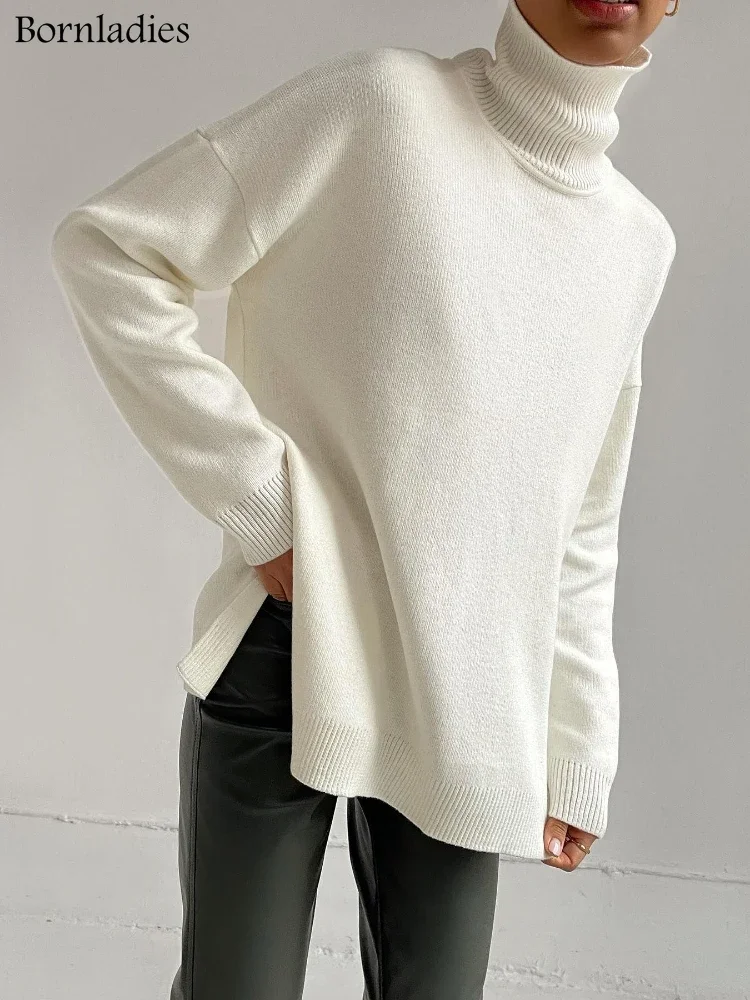 Bornladies  Green turtleneck sweater slit ladies 2022 autumn and winter warm, comfortable and fashionable knitted sweater