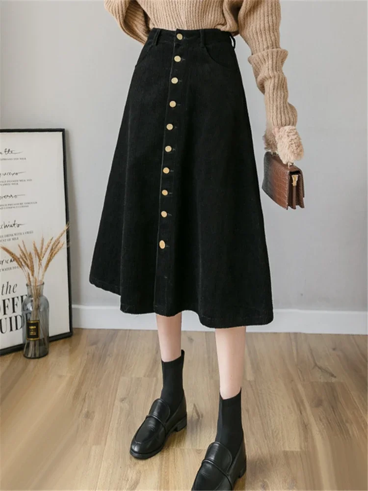 REALEFT Autumn Winter Corduroy Women A-Line Skirts 2023 New High Waist Solid Elegant Single Breasted Umbrella Midi Skirts Female