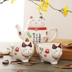 Śliczny japoński kot na szczęście porcelanowy zestaw do herbaty Maneki Neko kubek ceramiczny garnek z sitkiem śliczny kubek do garnka z plutusem