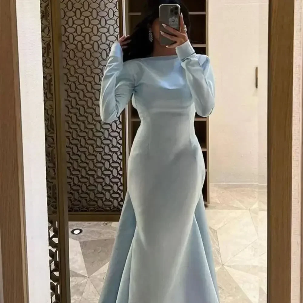 

Customized Prom Dress Elegant Boat Neck Sheath Pageant Dresses Floor Length Long Sleeve Open Back Court Satin Formal Evening Gow