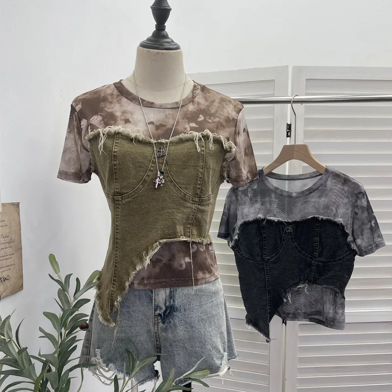 Y2K T-shirt Women Tie Dye Sheer Mesh Spliced Raw Frayed Edge Vintage Distressed Denim Short Sleeve Crop Tee Layering Tops 26171