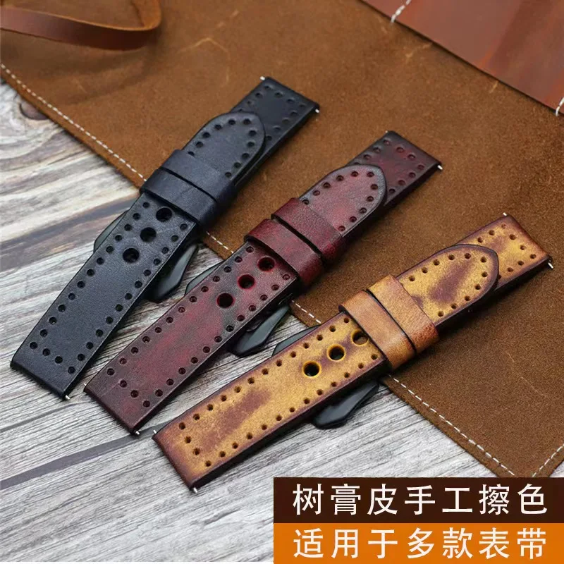 Handmade vintage plain rubbing tree paste top layer cowhide watch with accessories 20 22 24mm multi-buckle raw ear buckle