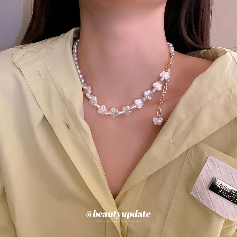 Korean Personality Trend Irregular Pearl Heart Pendant Necklace Fashionable Sense Collarbone Chain Temperament Accessories Women