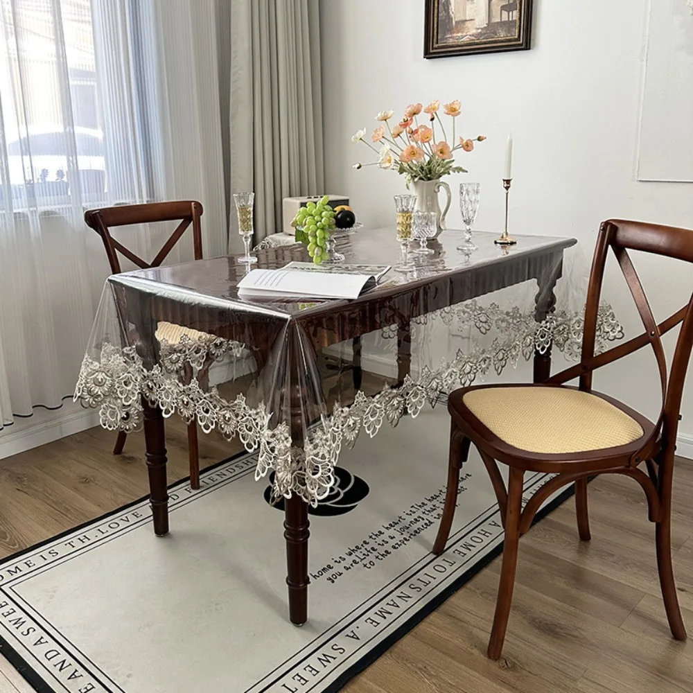 Waterproof PVC Tablecloth European Style Lace Embroidered Desk Mat Transparent Rectangular/Square Table Runner Party