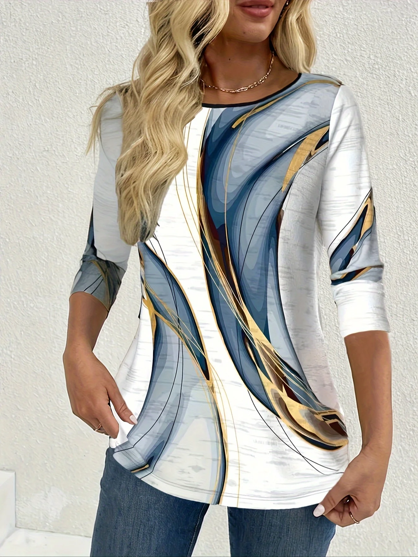 Elegant Blue and Gold Swirl Print Women's Long Top, 3/4 Sleeve, Round Neck, Casual Wear