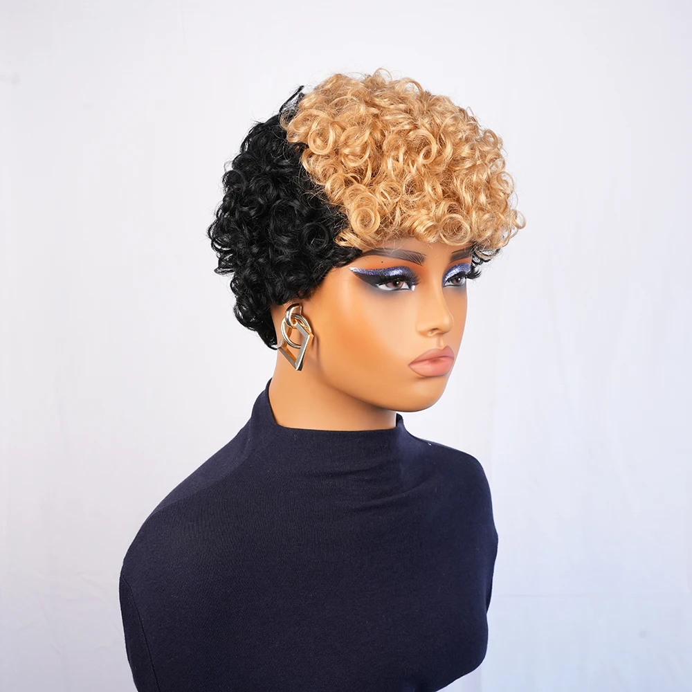 Peruka z krótkich, kręconych włosów naturalnych Pixie Curly, wykonana maszynowo, dla kobiet, krótka, kolor 1B27, na imprezy i na co dzień, peruka codzienna.