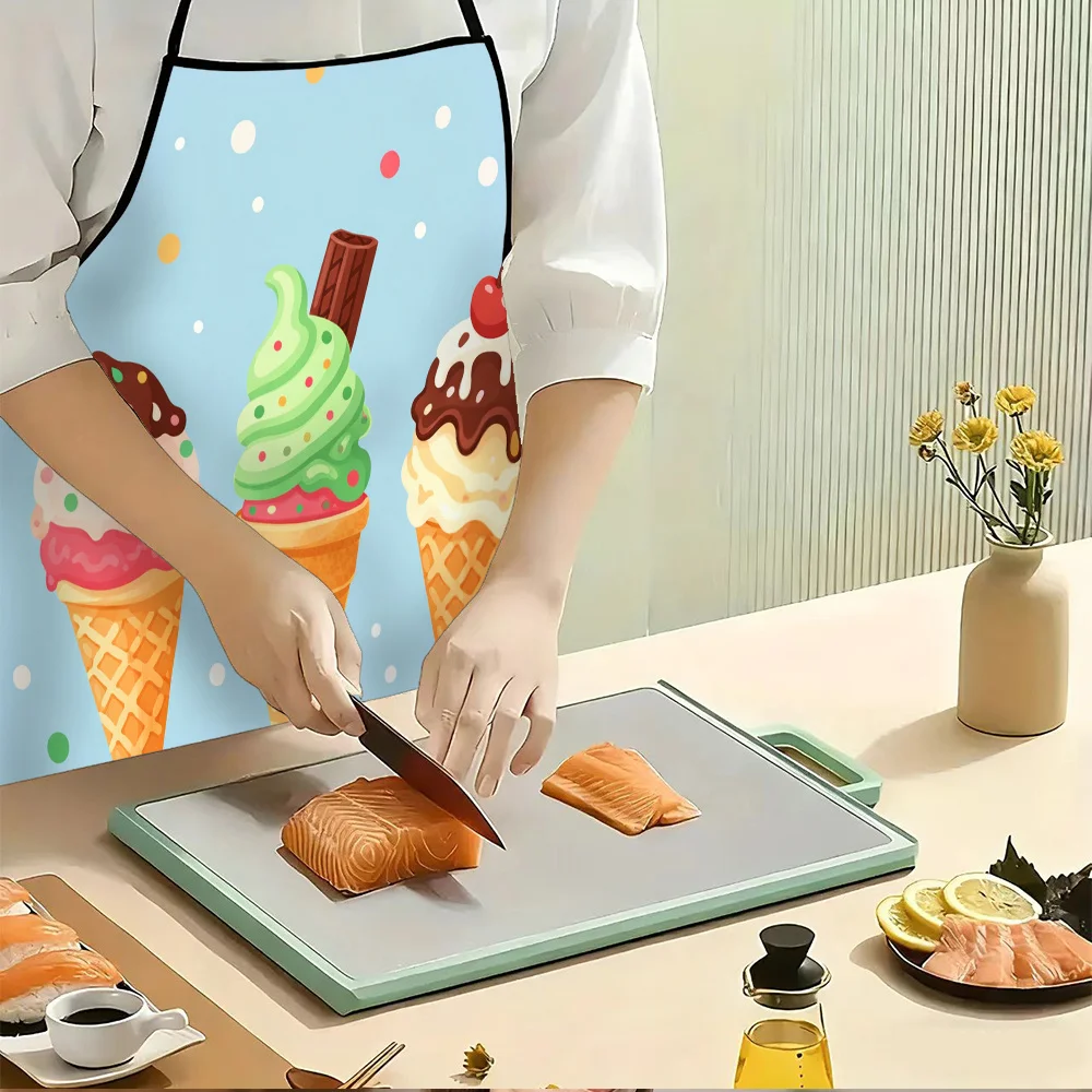 Cute Ice Cream Cone Kitchen Apron - Cartoon Sweet Dessert Pattern Linen Look Chef Bib for Women Men Cooking Baking Gift Decor