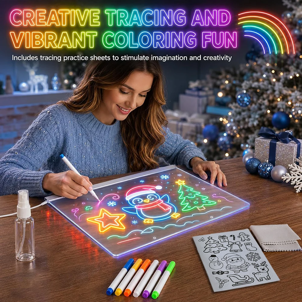 Rewritable DIY Children's Glowing Drawing Board Message Lamp with Markers & Tracing Book Light Up Acrylic Message Board