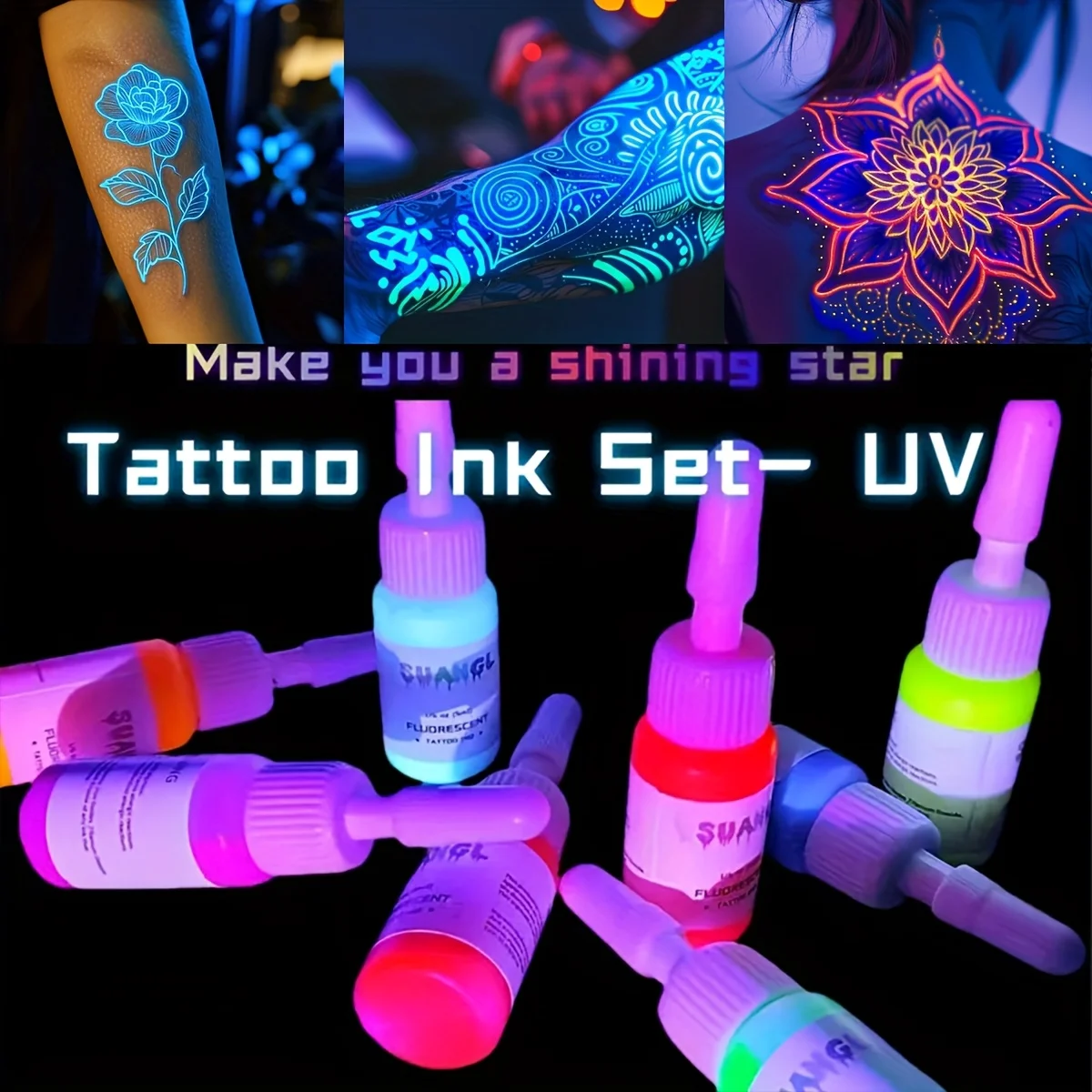 

Набор УФ-люминесцентных чернил для татуировки — флаконы емкостью 5 мл, светящиеся под черным светом, безопасные и нетоксичные.
