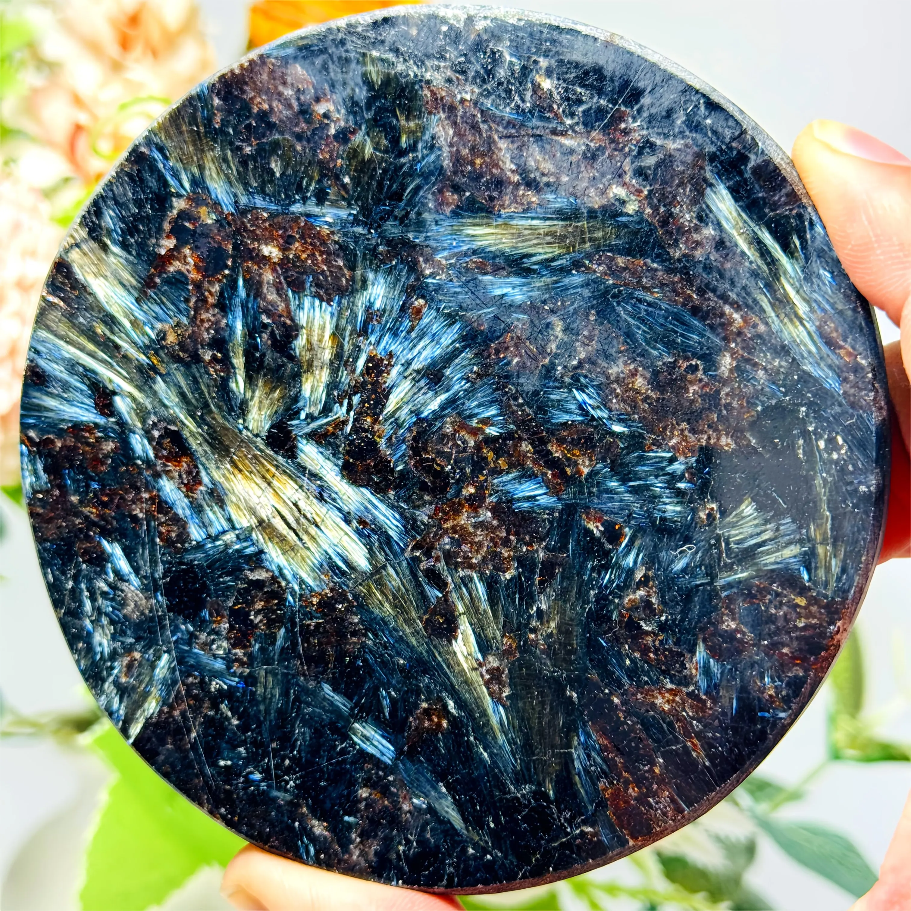 1pc Polished Blue Astrophyllite Firework Crystal Plate - Mineral Slice Stone for Meditation, Collector's Display, Christmas Gift